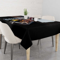 Black MLK Day tablecloth corner drape with portrait and 'M.L.K. DAY' lettering