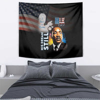 Black MLK Day tapestry featuring U.S. flag stripes, Martin Luther King Jr. portrait