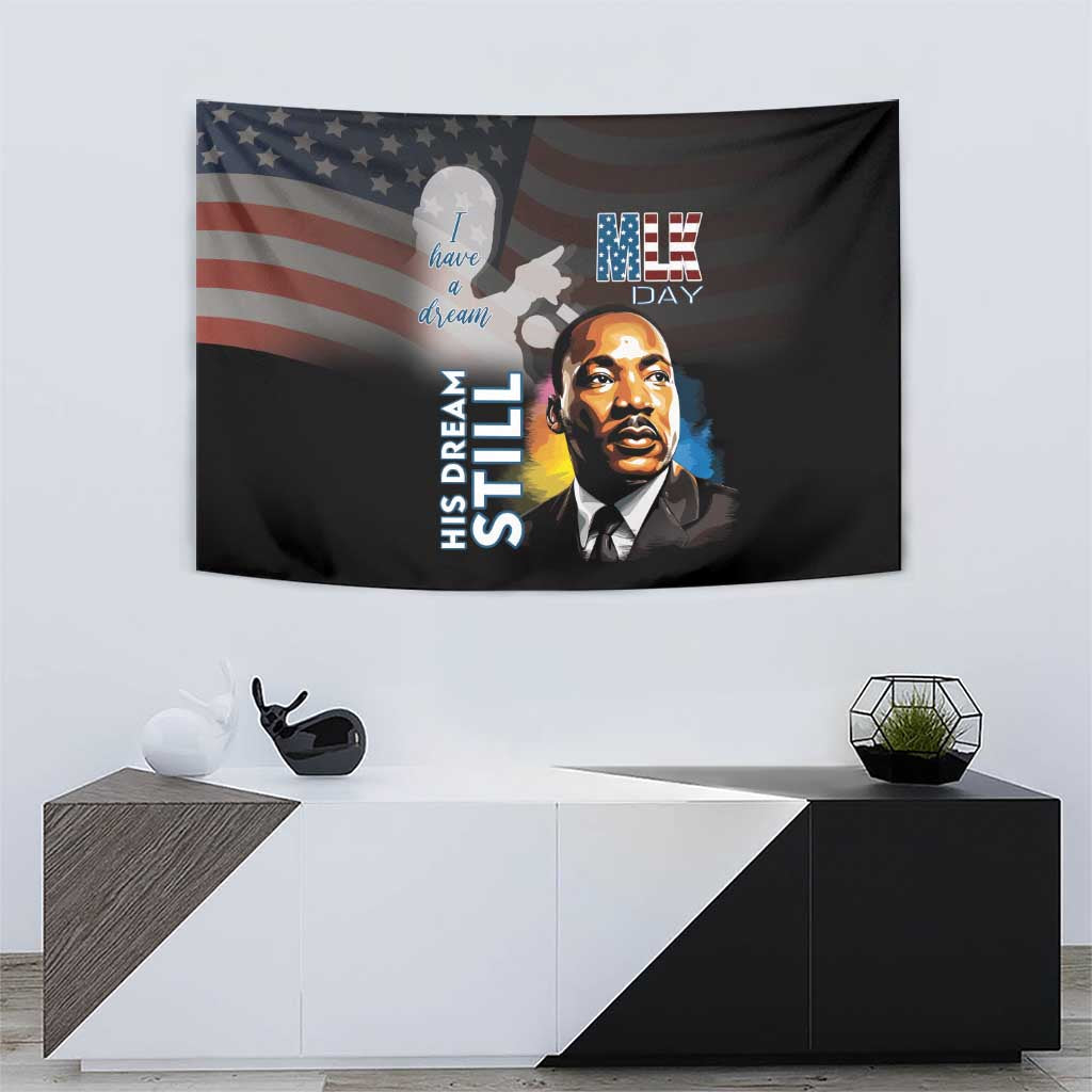 Black MLK Day wall tapestry with Martin Luther King Jr. portrait and flag stripes