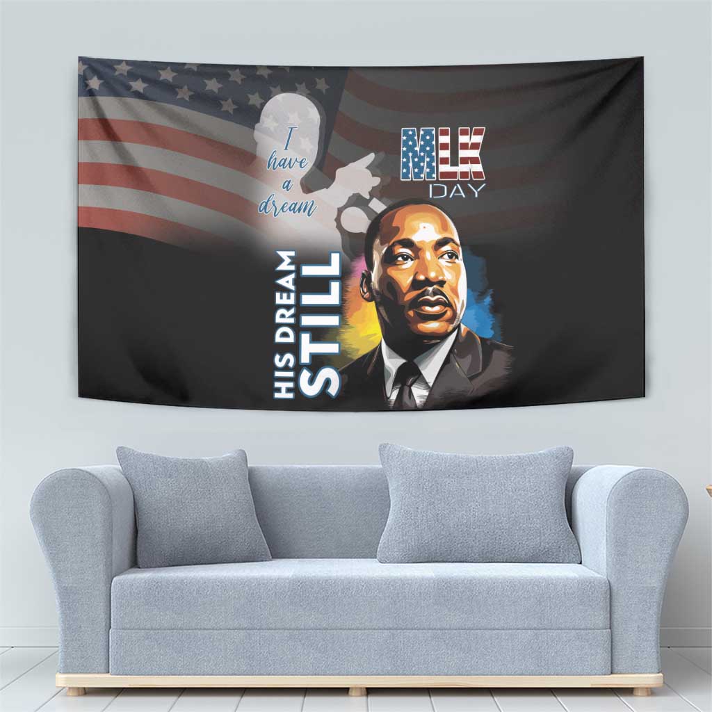 Black MLK Day tapestry with Martin Luther King Jr. portrait, flag stripes, raised hands