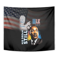 Black MLK Day tapestry close-up with Martin Luther King Jr. portrait and flag stripes