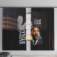 Black window curtain pair with MLK Day portrait, stars-and-stripes banner, and text