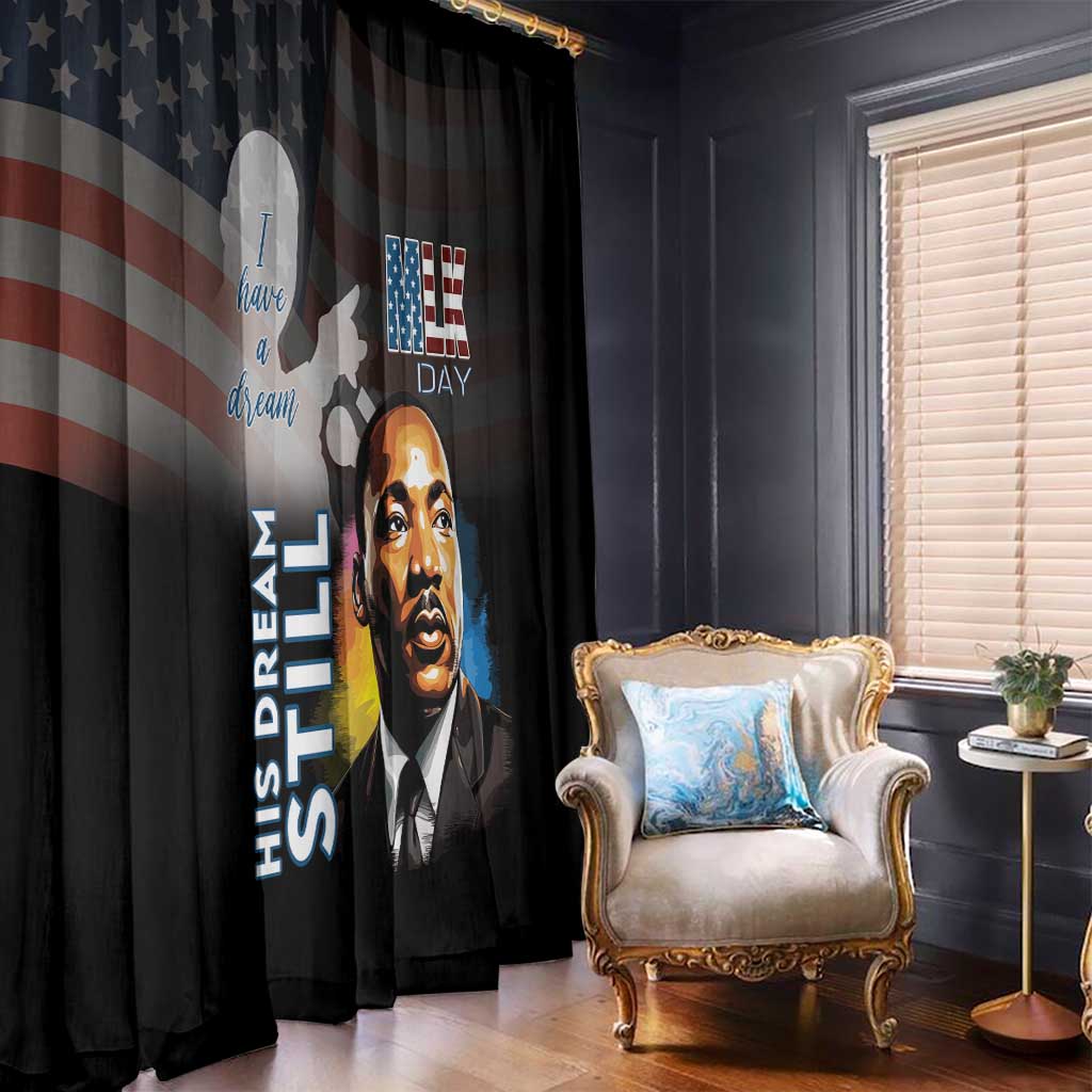 Black window curtain with MLK portrait, stars-and-stripes arc, and vertical quote text