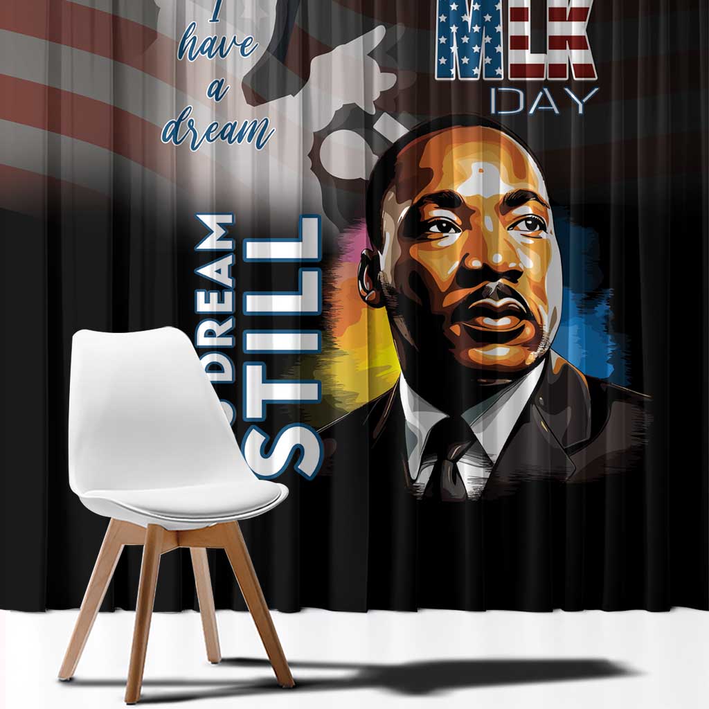 Black curtain close view with large MLK portrait and bold vertical "His Dream" lettering