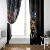 Black MLK Day window curtain with partial stars-and-stripes design and portrait artwork