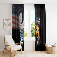 Black window curtain with MLK portrait and vertical "His Dream Still" lettering