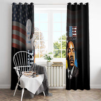 Black window curtain with MLK Day portrait, stars-and-stripes emblem, and "His Dream" text