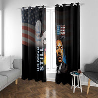 Black window curtain pair with MLK portrait and bold stars-and-stripes design