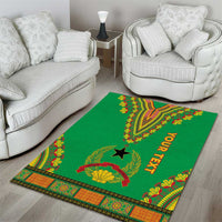 Green dashiki-pattern area rug with “OUR TEXT” and fan-and-leaf motifs