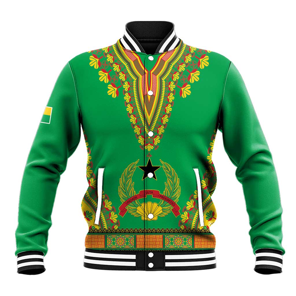 Green baseball jacket with colorful dashiki V yoke, button front, striped ribbed collar