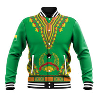 Green baseball jacket with colorful dashiki V yoke, button front, striped ribbed collar
