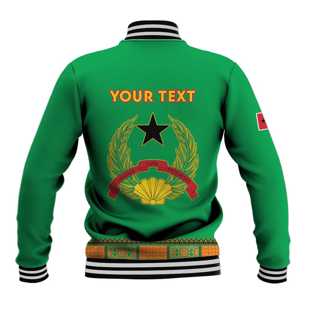 Green baseball jacket back with 'YOUR TEXT' and gold star crest, striped ribbed collar