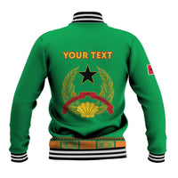 Green baseball jacket back with 'YOUR TEXT' and gold star crest, striped ribbed collar