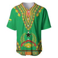 Green baseball jersey with colorful dashiki neckline and chest pattern