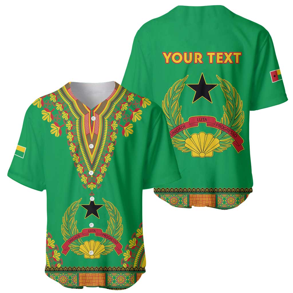 Green baseball jersey front and back, dashiki trim and star emblem with 'YOUR TEXT'