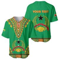Green baseball jersey front and back, dashiki trim and star emblem with 'YOUR TEXT'