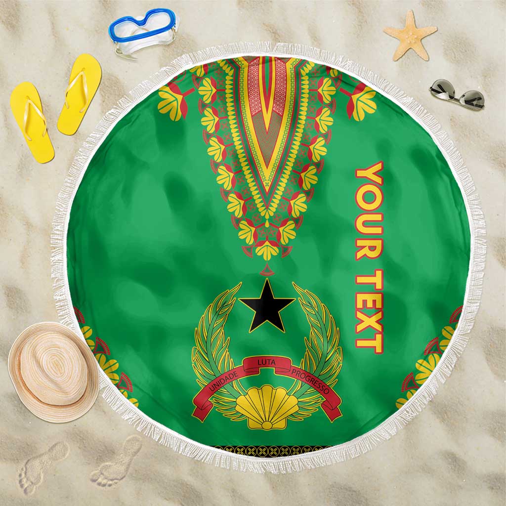 Green round beach blanket with white fringe, dashiki crest and 'YOUR TEXT' print