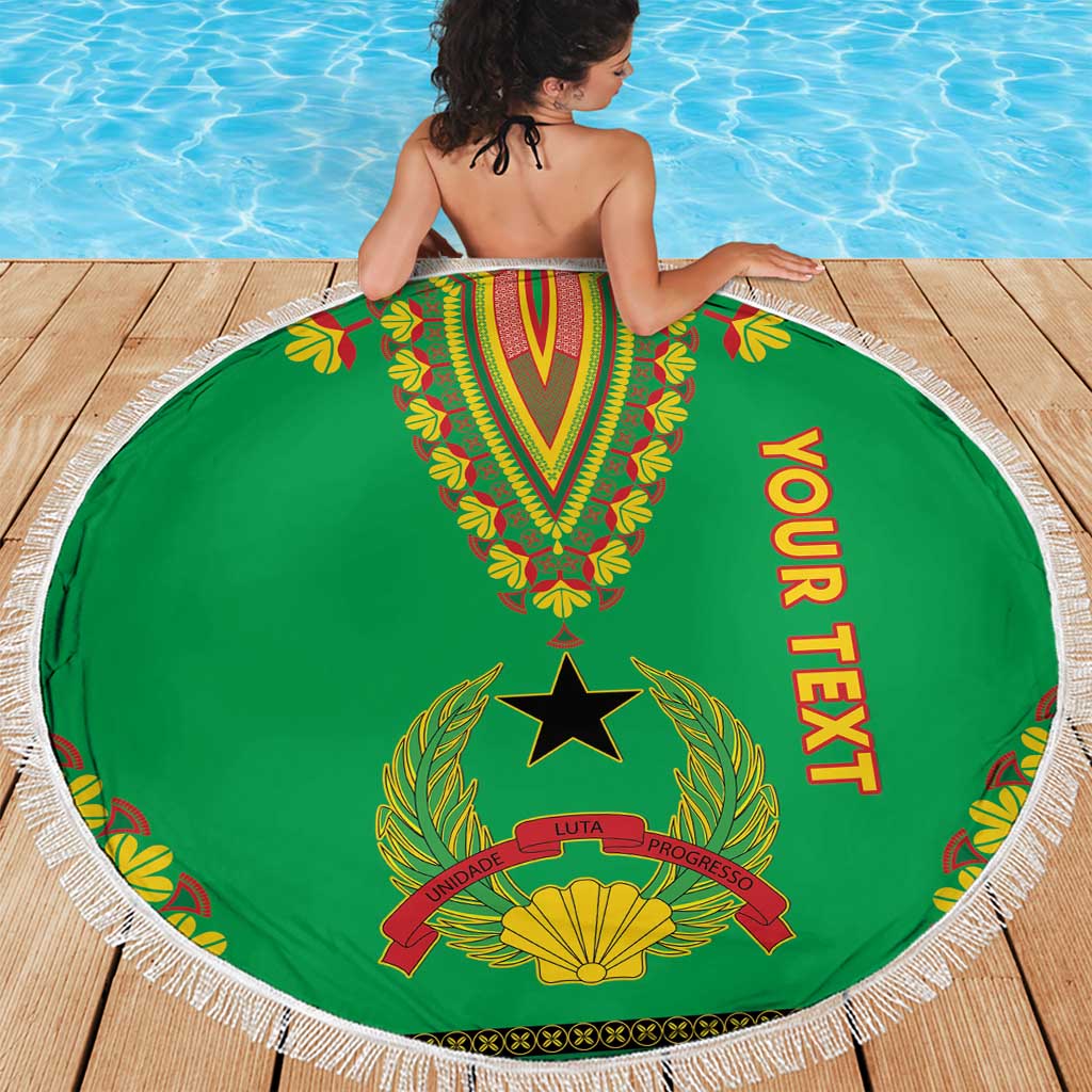 Green round beach blanket with white fringe, dashiki emblem and 'YOUR TEXT' vertical text