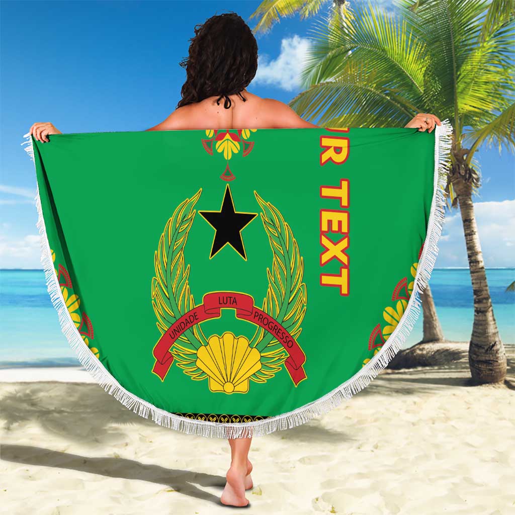 Green round beach blanket with white fringe, star and wreath emblem, 'YOUR TEXT' vertical