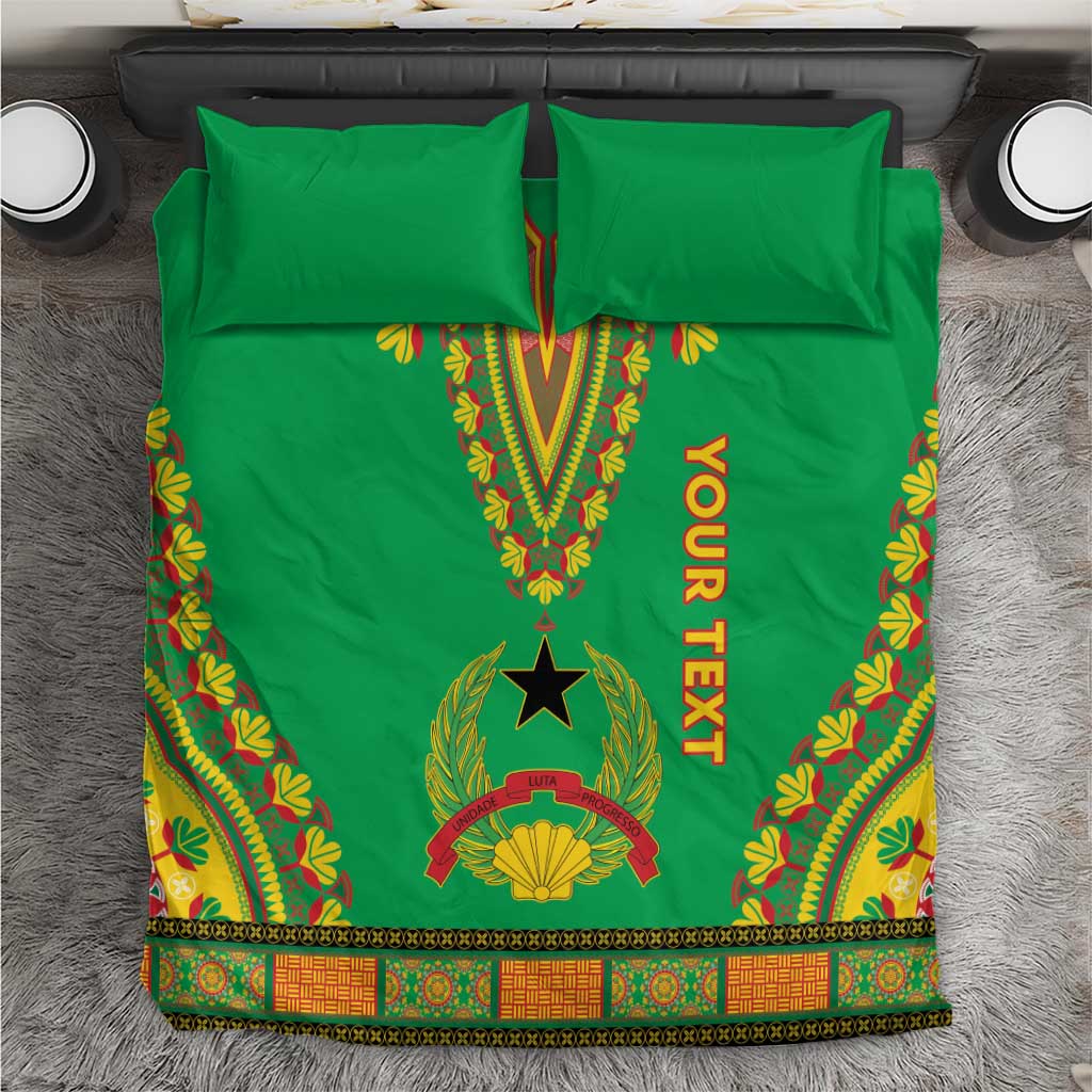 Green dashiki bedding set with Your Text ribbon, star motif, and decorative border, flat view