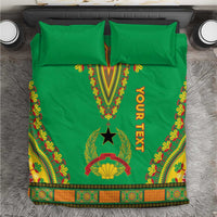 Green dashiki bedding set with Your Text ribbon, star motif, and decorative border, flat view