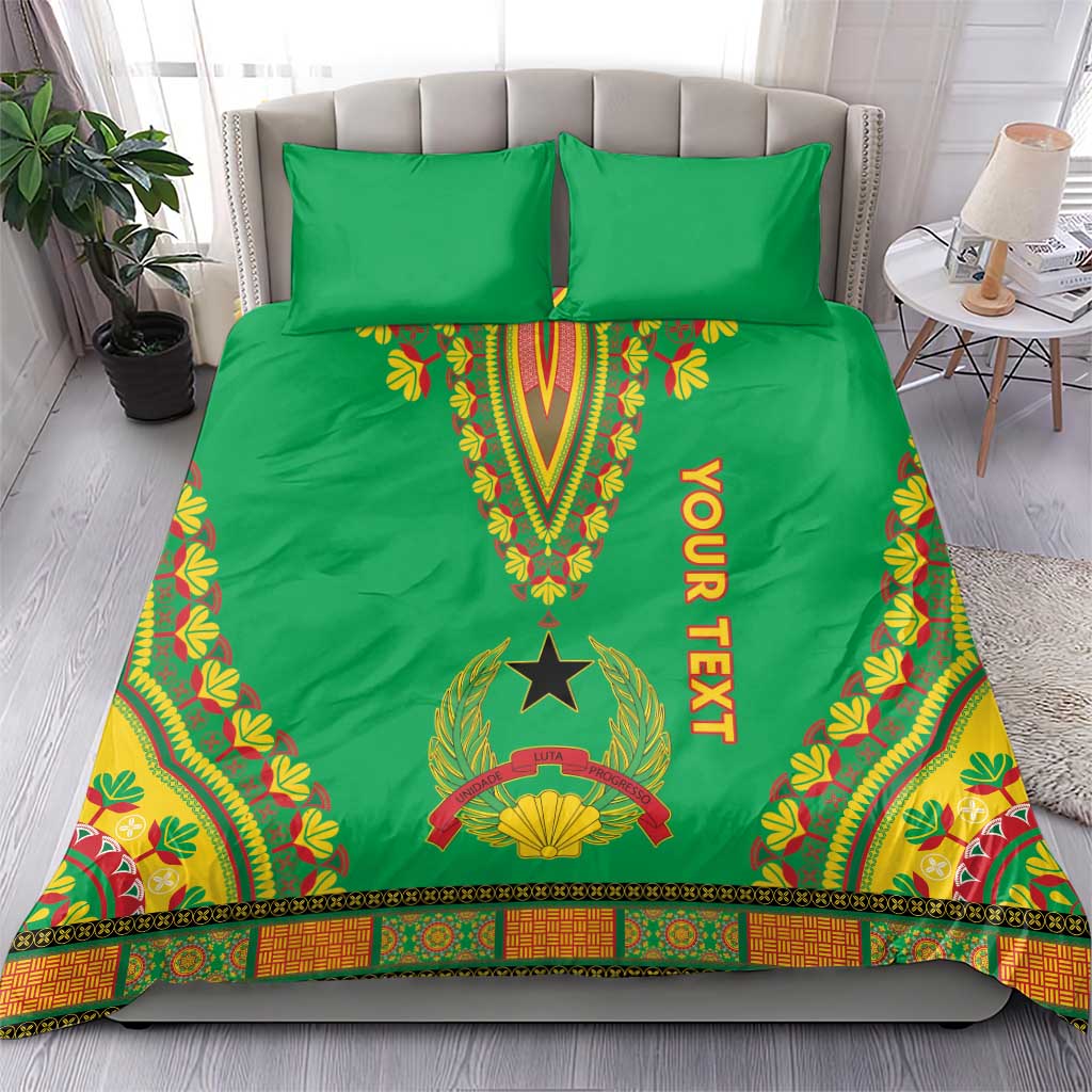 Green dashiki bedding set with Your Text ribbon, star motif, floral border on bed with pillows