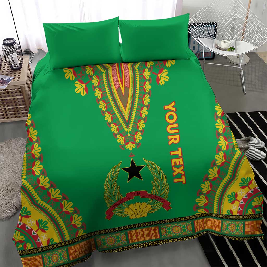 Green dashiki duvet cover with Your Text ribbon, star motif, and decorative border, bed angle view