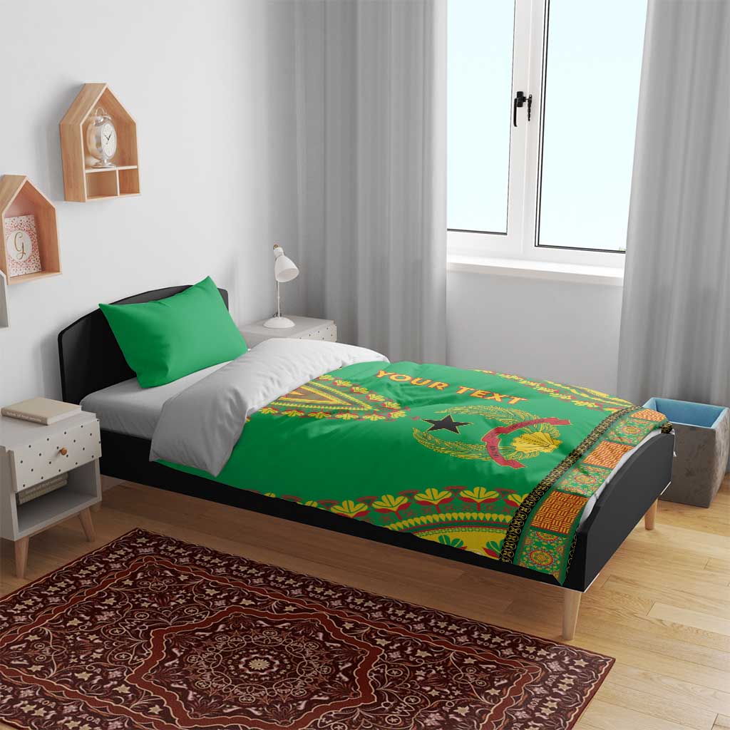 Green dashiki bedding set with Your Text ribbon and star motif on bed in a bedroom setting