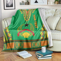 Green dashiki-pattern blanket with V motif, star emblem, patterned border trim and YOUR TEXT