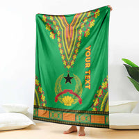 Green dashiki-pattern blanket featuring V motif, star emblem, leaf trim and vertical YOUR TEXT