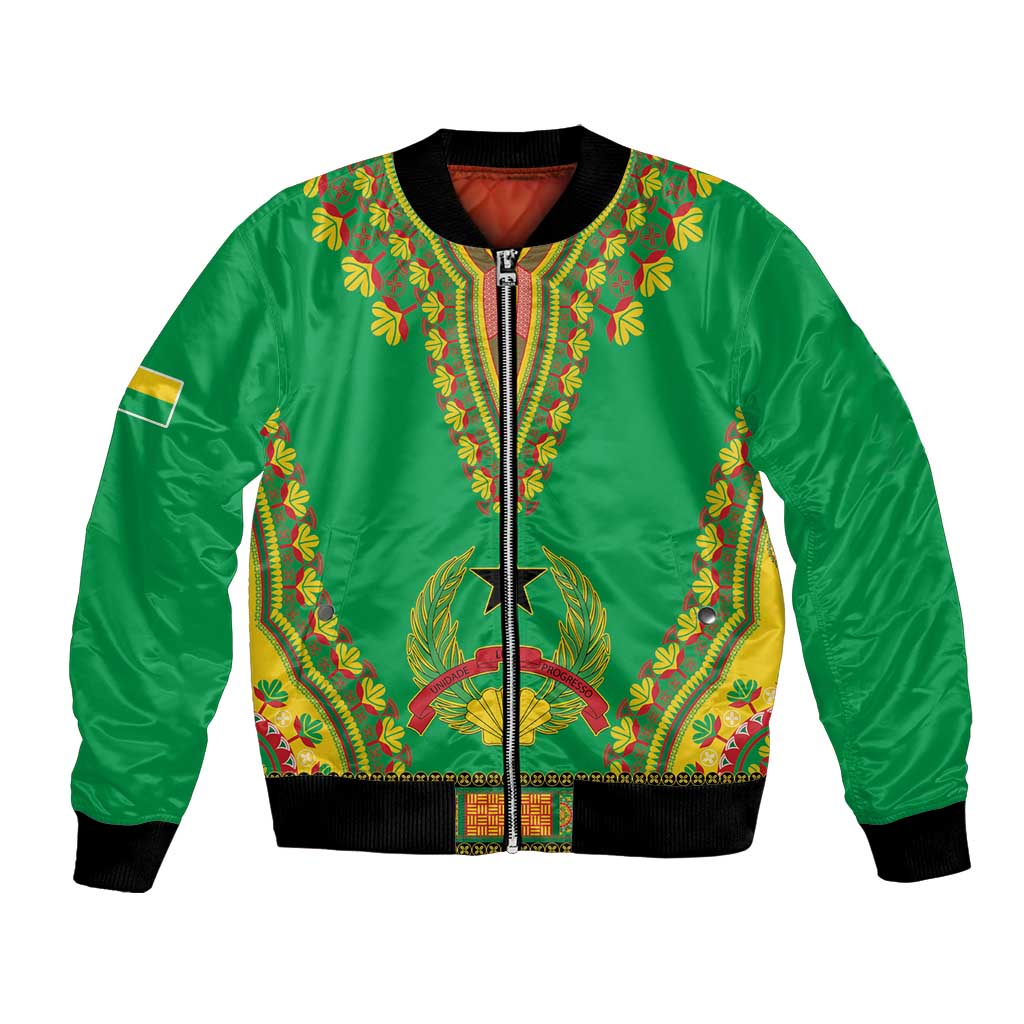 Green bomber jacket with colorful dashiki embroidery, front zip, black ribbed cuffs and hem.