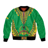 Green bomber jacket with colorful dashiki embroidery, front zip, black ribbed cuffs and hem.