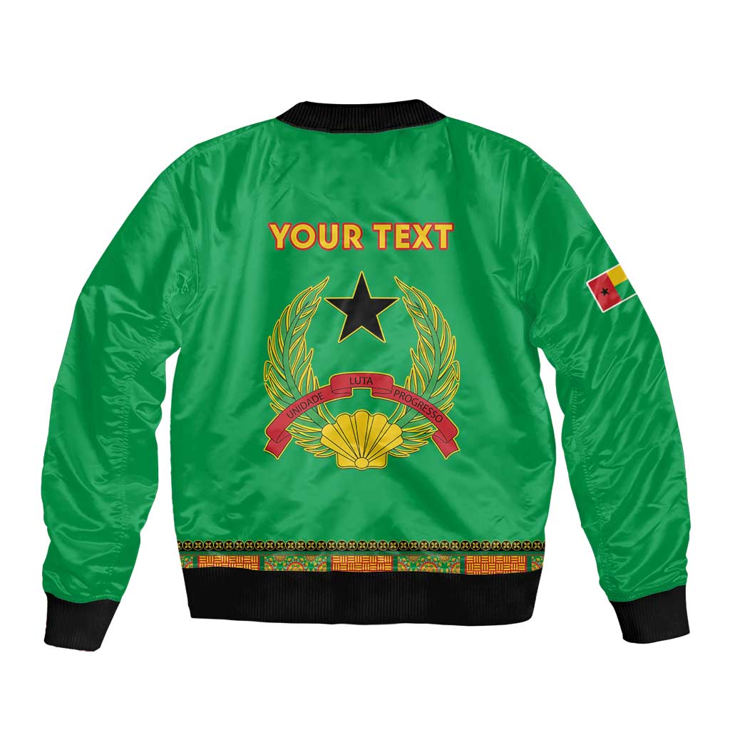 Green bomber jacket back with embroidered crest, star and custom text, black ribbed hem.