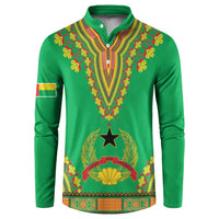 Green dashiki-style button sweatshirt with colorful V-neck trim and central star design