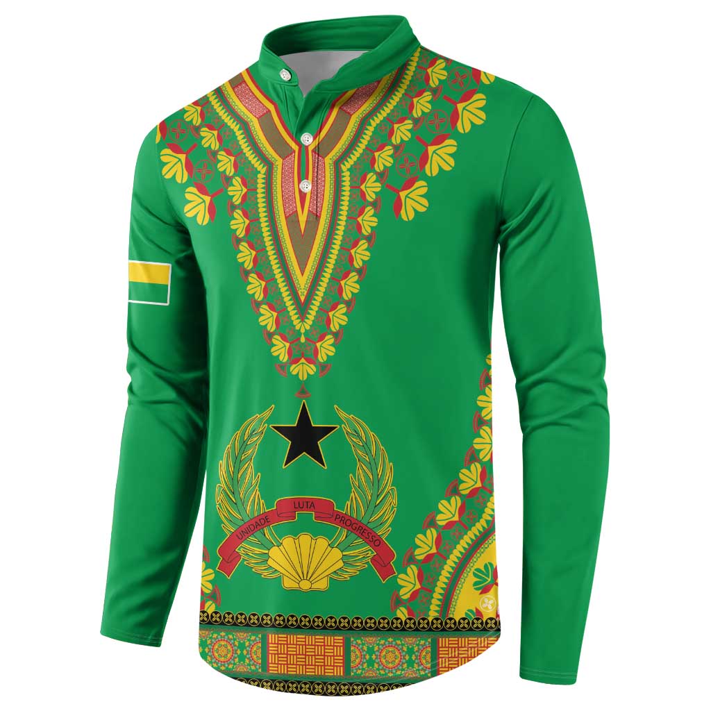 Green dashiki-style button sweatshirt with colorful V-neck pattern and shell crest panel