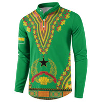 Green dashiki-style button sweatshirt with colorful V-neck pattern and shell crest panel