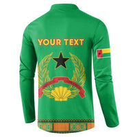 Green dashiki-style button sweatshirt back with “YOUR TEXT”, star and crest graphic