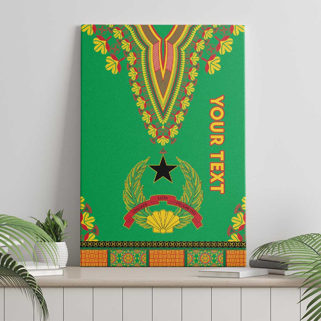 Green canvas wall art with dashiki motif and orange vertical 'your text' lettering.