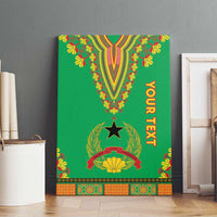 Green dashiki canvas wall art with central star and orange vertical 'your text'.
