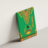 Green canvas wall art side view with dashiki motif and orange 'your text' lettering.