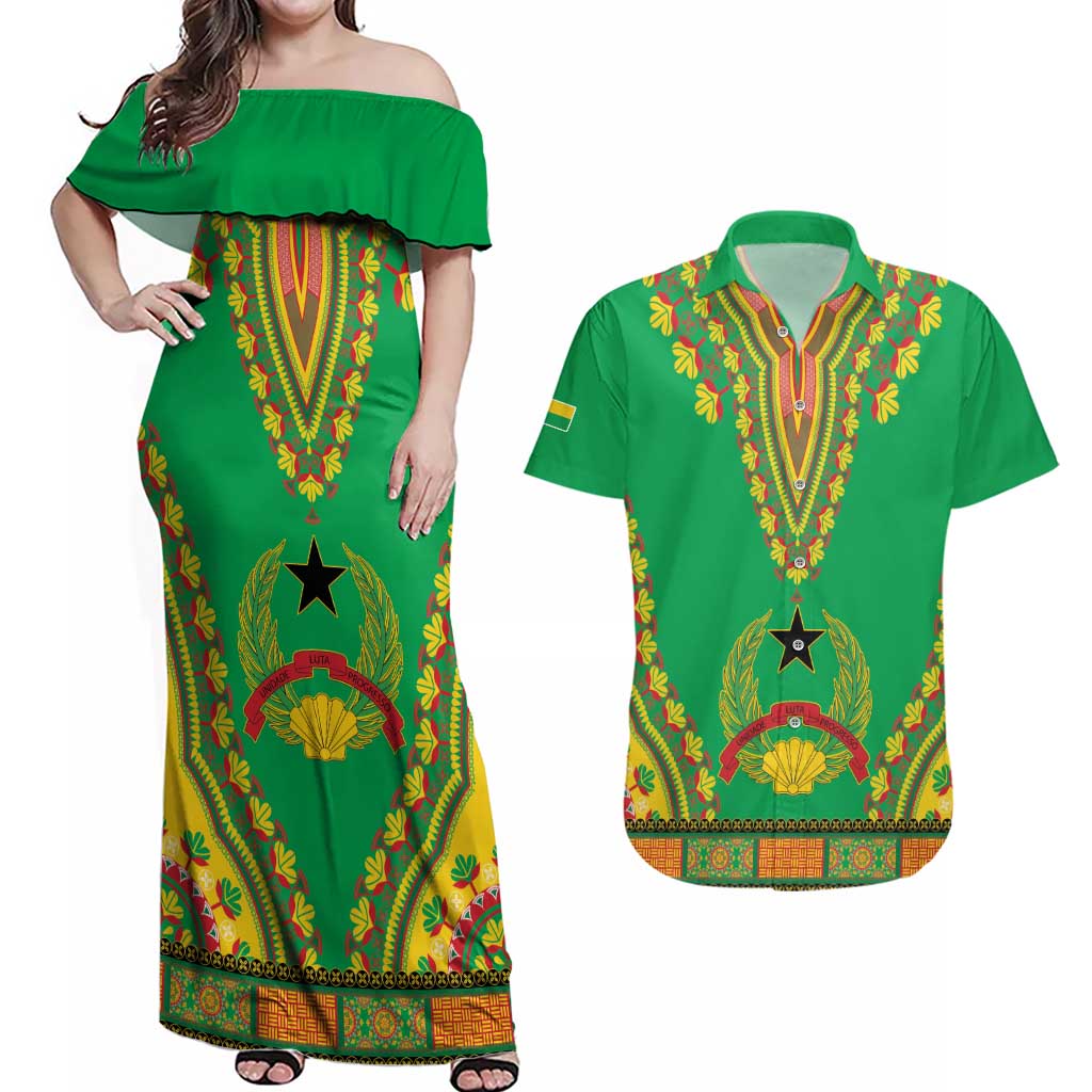 Personalised Guinea Bissau Couples Matching Off Shoulder Maxi Dress and Hawaiian Shirt Dashiki Pattern - Wonder Print Shop