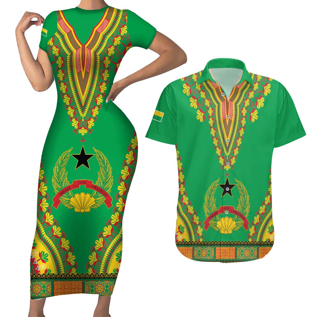 Personalised Guinea Bissau Couples Matching Short Sleeve Bodycon Dress and Hawaiian Shirt Dashiki Pattern - Wonder Print Shop