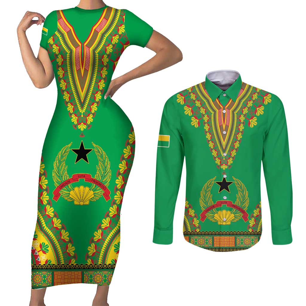 Personalised Guinea Bissau Couples Matching Short Sleeve Bodycon Dress and Long Sleeve Button Shirt Dashiki Pattern - Wonder Print Shop