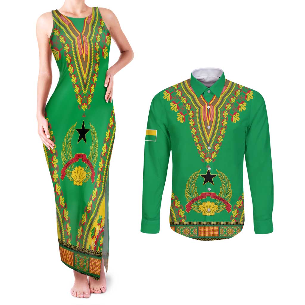 Personalised Guinea Bissau Couples Matching Tank Maxi Dress and Long Sleeve Button Shirt Dashiki Pattern - Wonder Print Shop