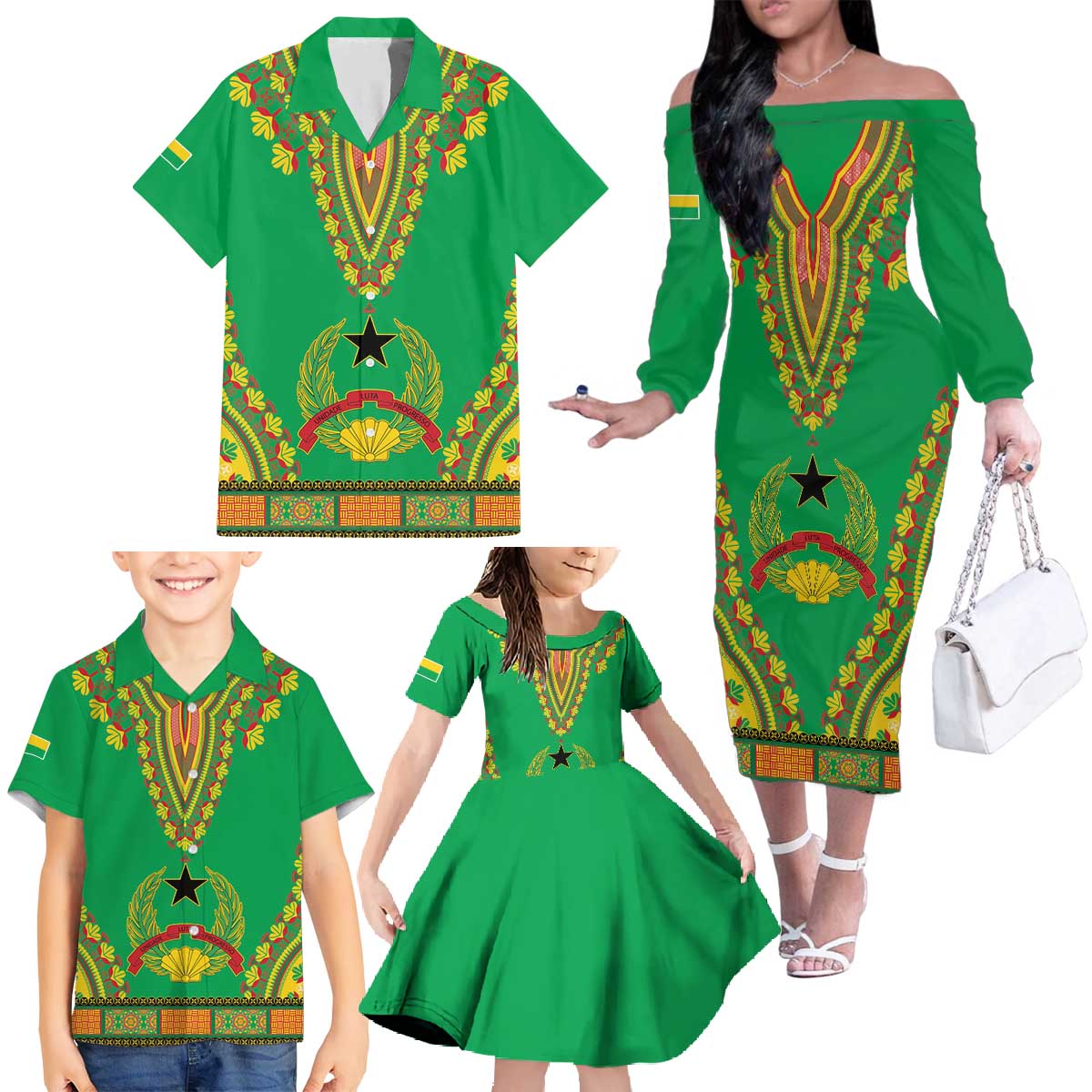 Personalised Guinea Bissau Family Matching Off The Shoulder Long Sleeve Dress and Hawaiian Shirt Dashiki Pattern - Wonder Print Shop