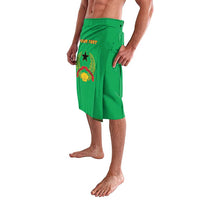Green knee-length elastic-waist skirt with front slit and printed crest
