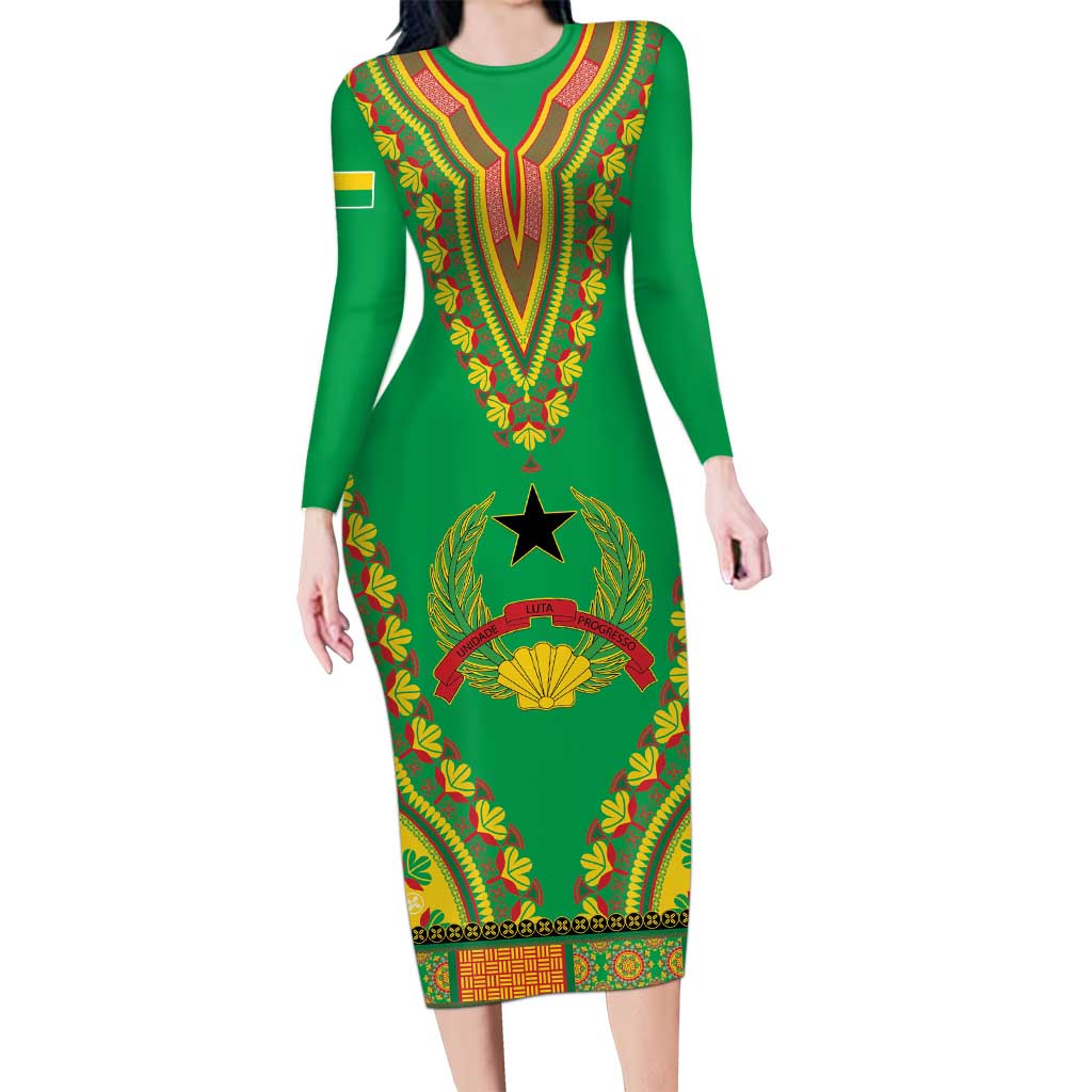 Personalised Guinea Bissau Long Sleeve Bodycon Dress Dashiki Pattern - Wonder Print Shop