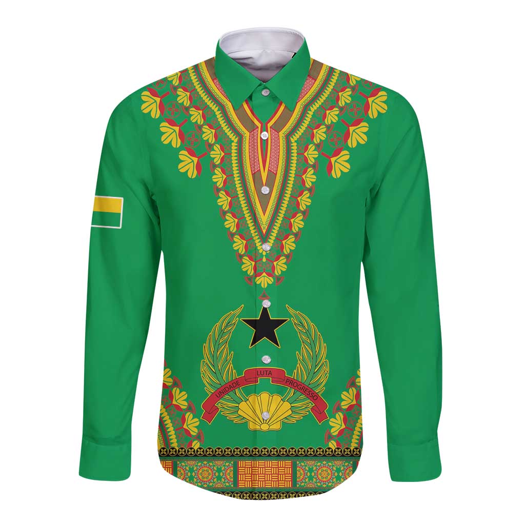 Green long-sleeve button dashiki shirt with colorful V yoke and floral trim
