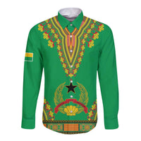 Green long-sleeve button dashiki shirt with colorful V yoke and floral trim