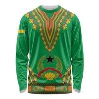 Green long sleeve dashiki shirt with colorful floral trim and central embroidered star crest